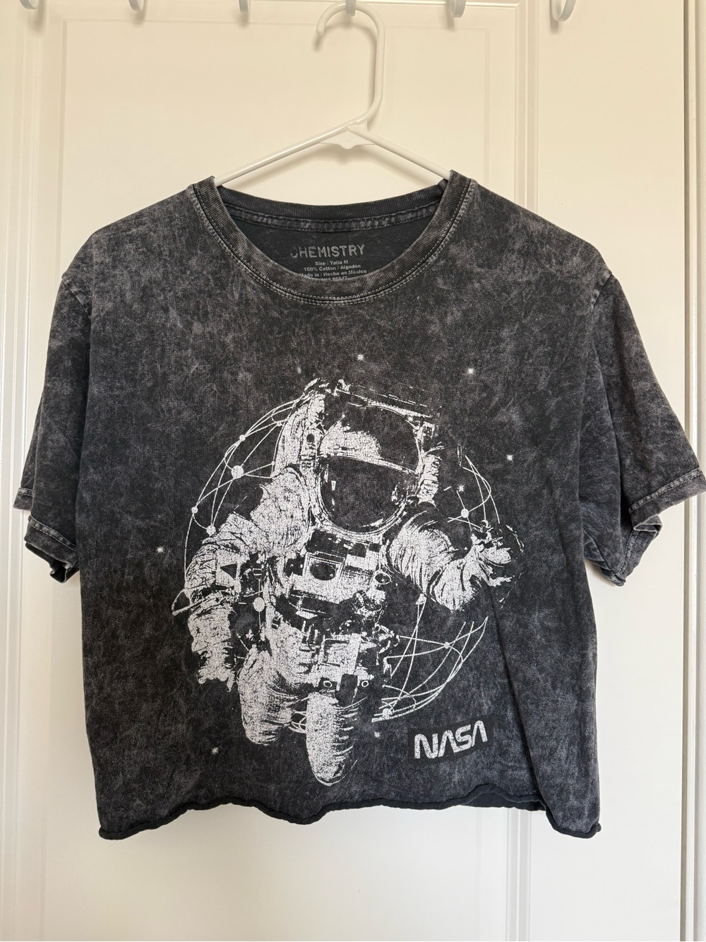 Women’s NASA Acid Wash Distressed Black and White Astronaut Graphic Tee Size M